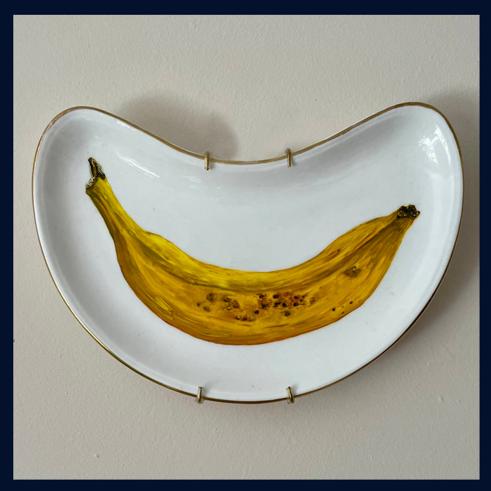 Plated: original fine art oil painting on a vintage side plate - banana 4