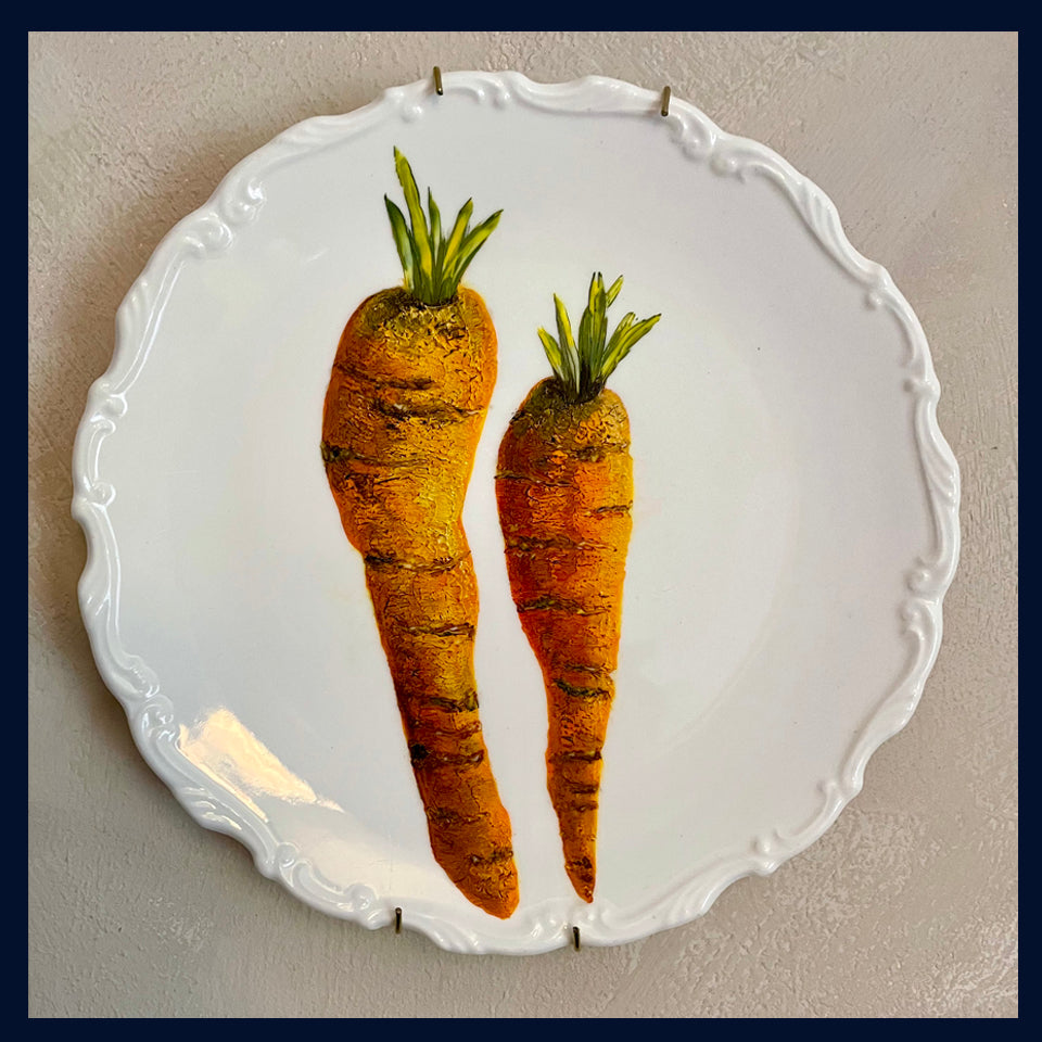 Plated: original fine art oil painting on a vintage cake plate - 2 carrots