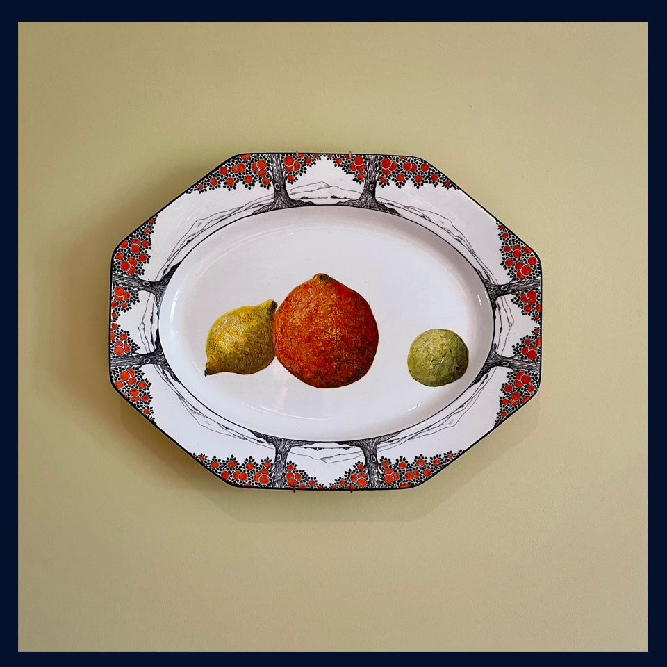 Plated: original fine art oil painting on a large Art Deco Crown Ducal platter - lemon, orange & lime