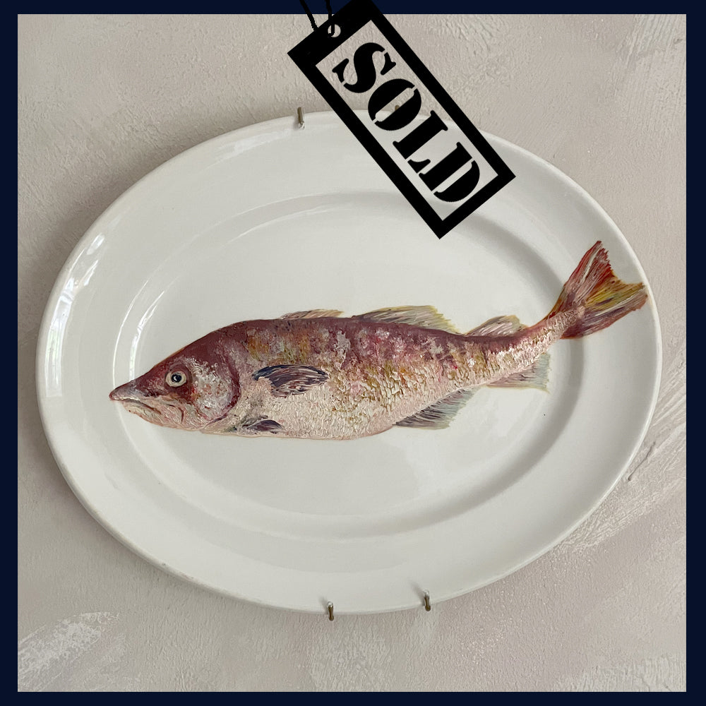 SOLD Plated: original fine art oil painting on a vintage plate - cod fish