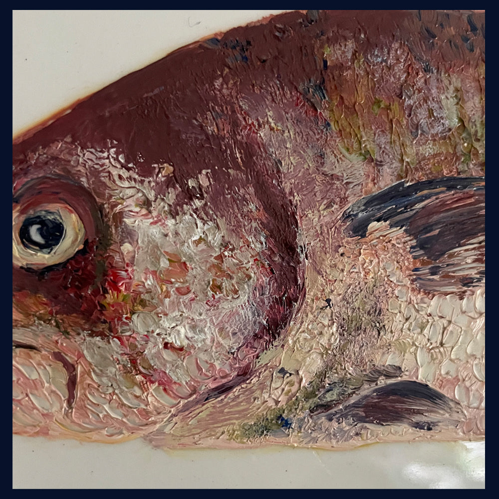Plated: original fine art oil painting on a vintage plate - cod fish