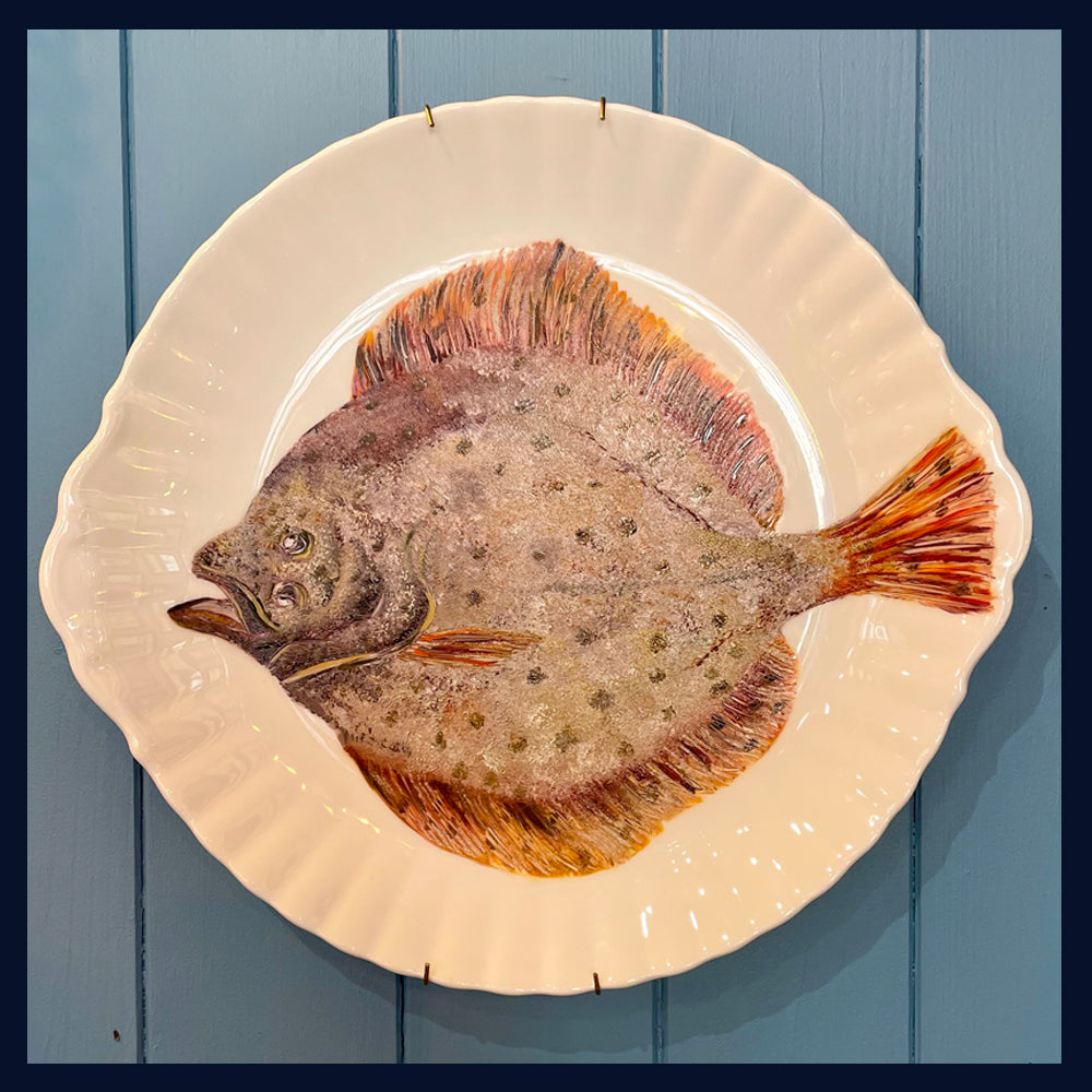 Plated: original fine art oil painting on a vintage plate - plaice fish