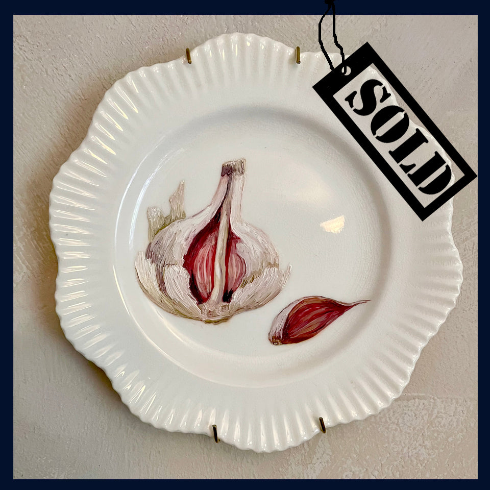 SOLD Plated: original fine art oil painting on a 1920s Coalport plate - garlic