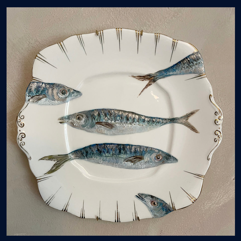 Plated: original fine art oil painting on a Art Deco cake plate - 5 mackerel