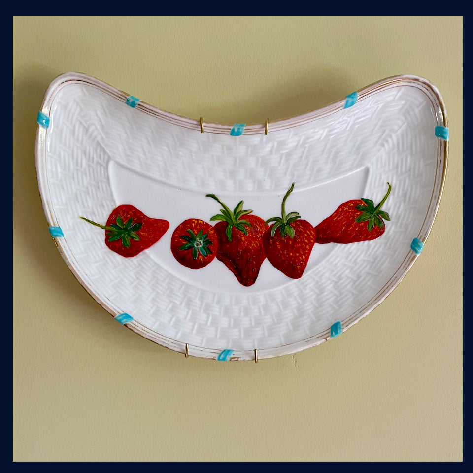 Plated: original fine art oil painting on an antique Brown-Westhead & Moore side plate - Five strawberries