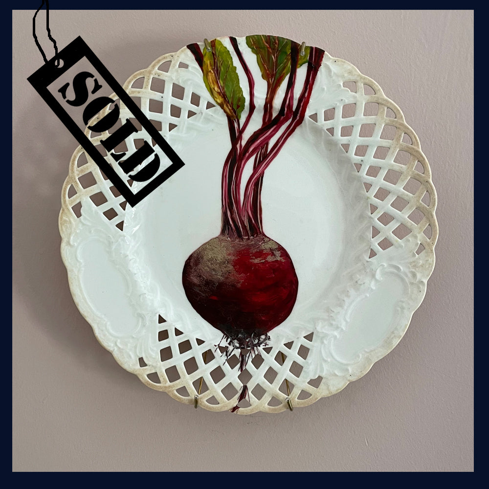 SOLD Plated: original fine art oil painting on an antique reticulated plate - beetroot
