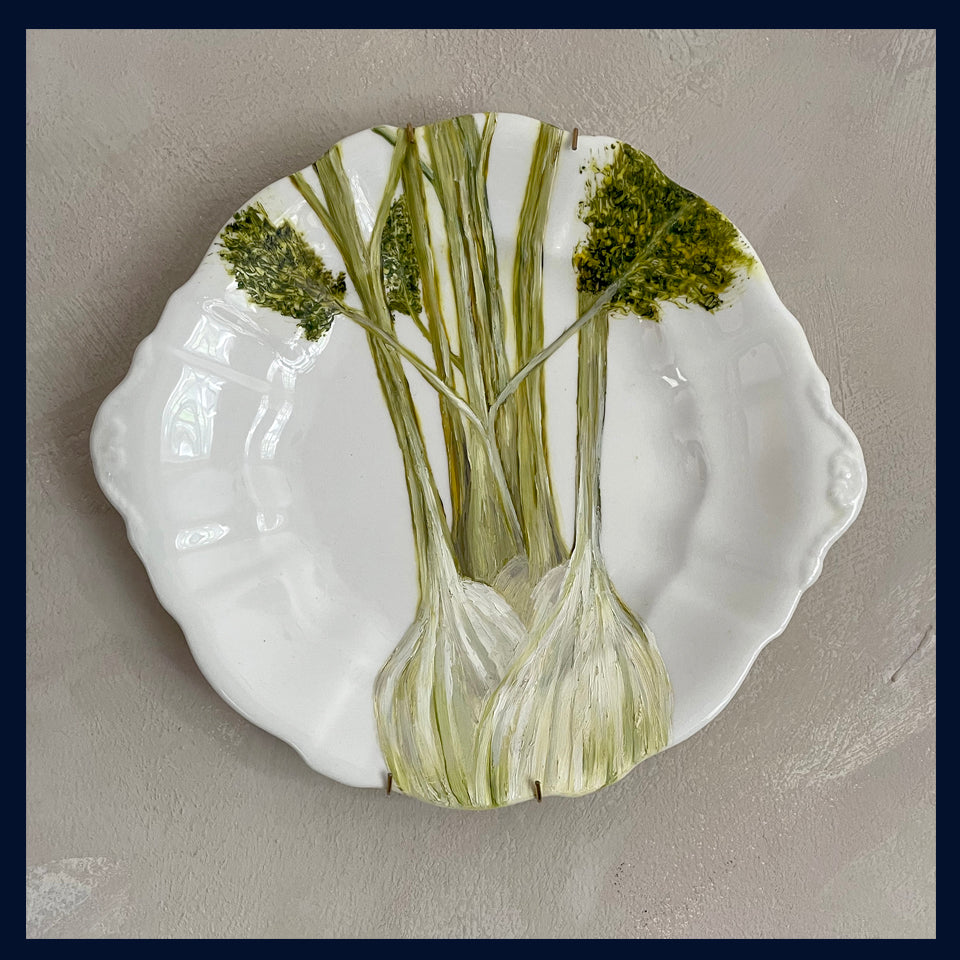 Plated: original fine art oil painting on a vintage cake plate  - fennel
