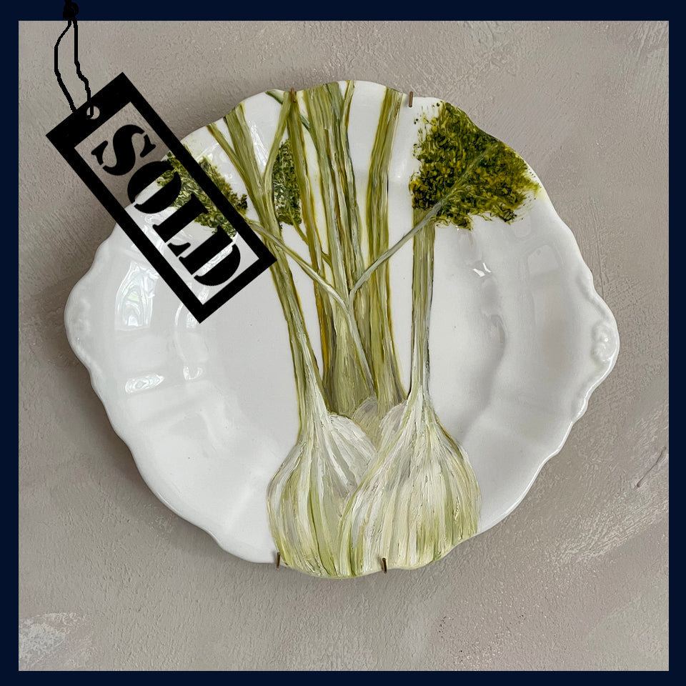 SOLD Plated: original fine art oil painting on a vintage cake plate  - fennel