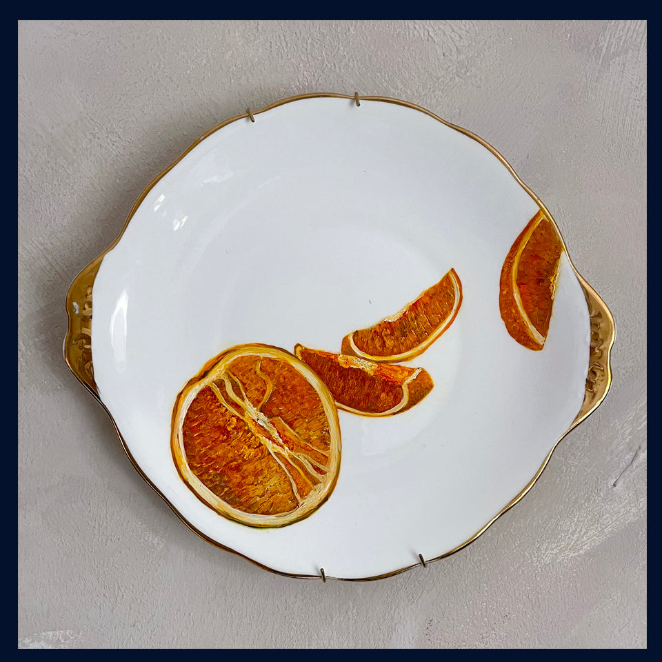 Plated: original fine art oil painting on a vintage cake plate  - orange