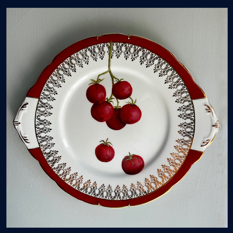 Plated: original fine art oil painting on a vintage cake plate - vine tomatoes