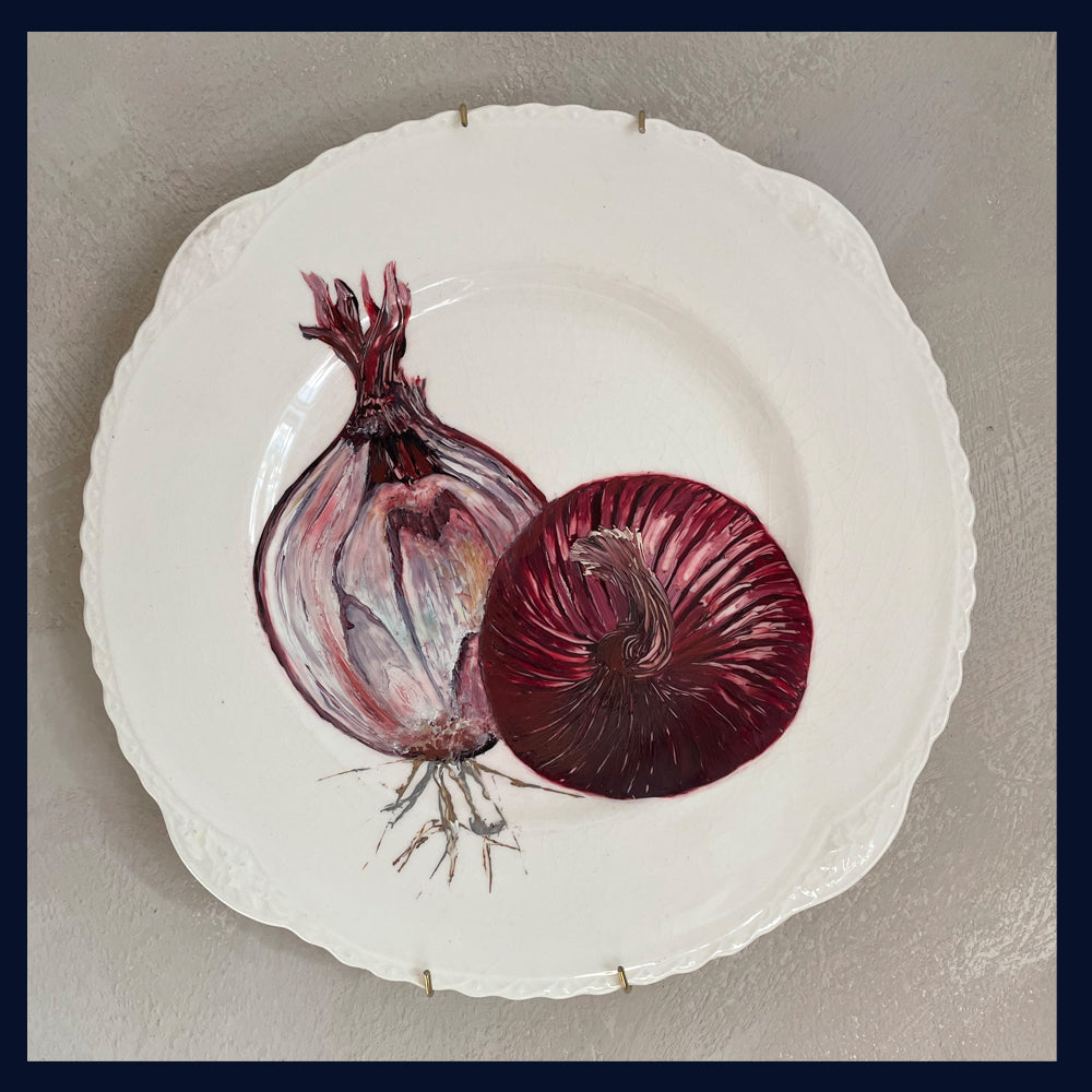 Plated: original fine art oil painting on a vintage plate - Two Red Onions