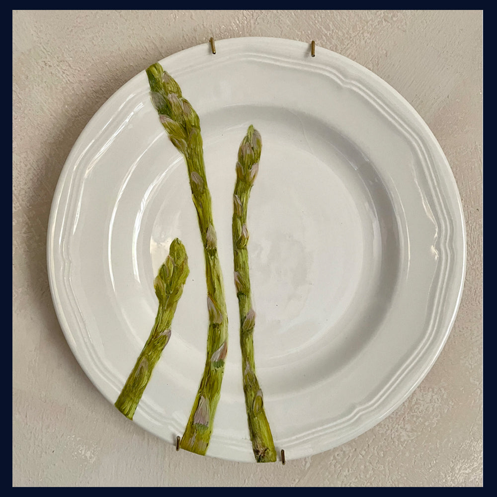 Plated: original fine art oil painting on a vintage plate - 3 asparagus
