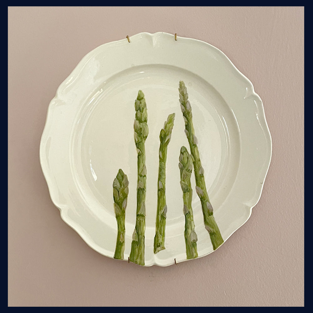Plated: original fine art oil painting on a vintage French plate - 5 asparagus spears