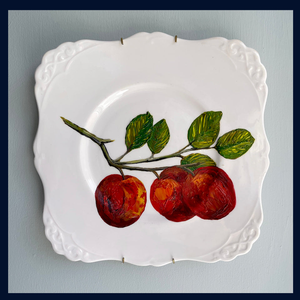 Plated: original fine art oil painting on a vintage Tuscan cake plate - plums