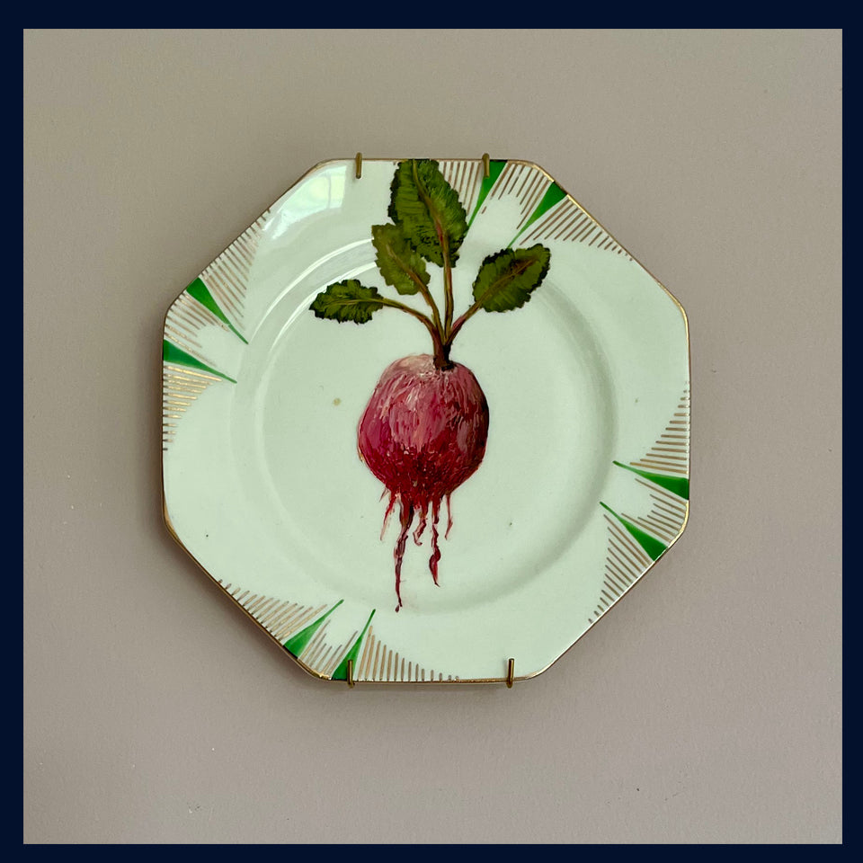 Plated: original fine art oil painting on an Art Deco tea plate - radish