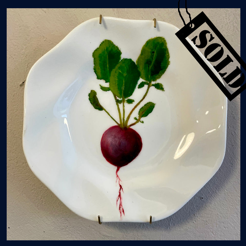 SOLD Plated: original fine art oil painting on a vintage tea plate - radish