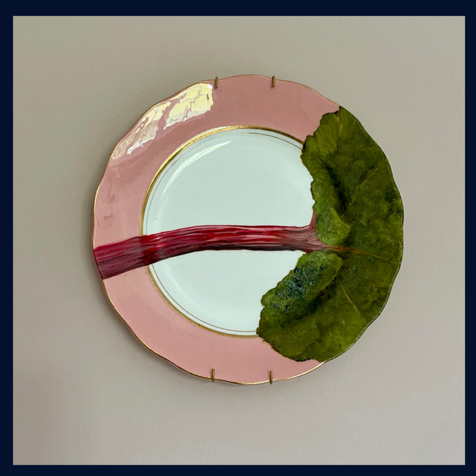 Plated: original fine art oil painting on a vintage Colclough salad plate - rhubarb