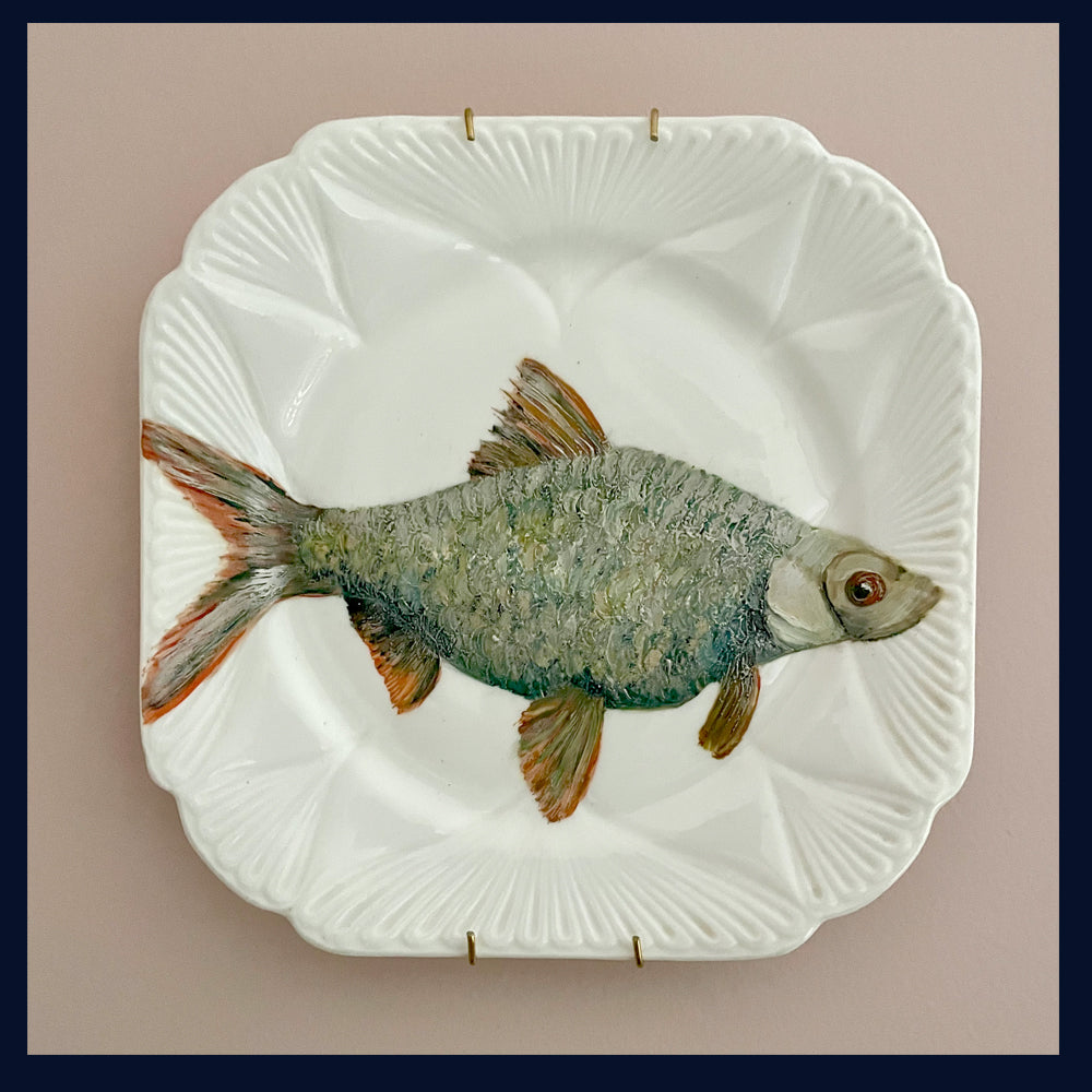Plated: original fine art oil painting on a vintage plate - roach fish