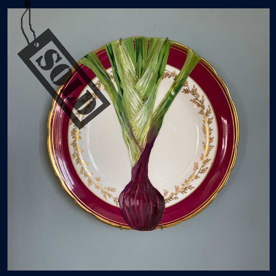 SOLD Red spring onion - original oil painting on a vintage plate