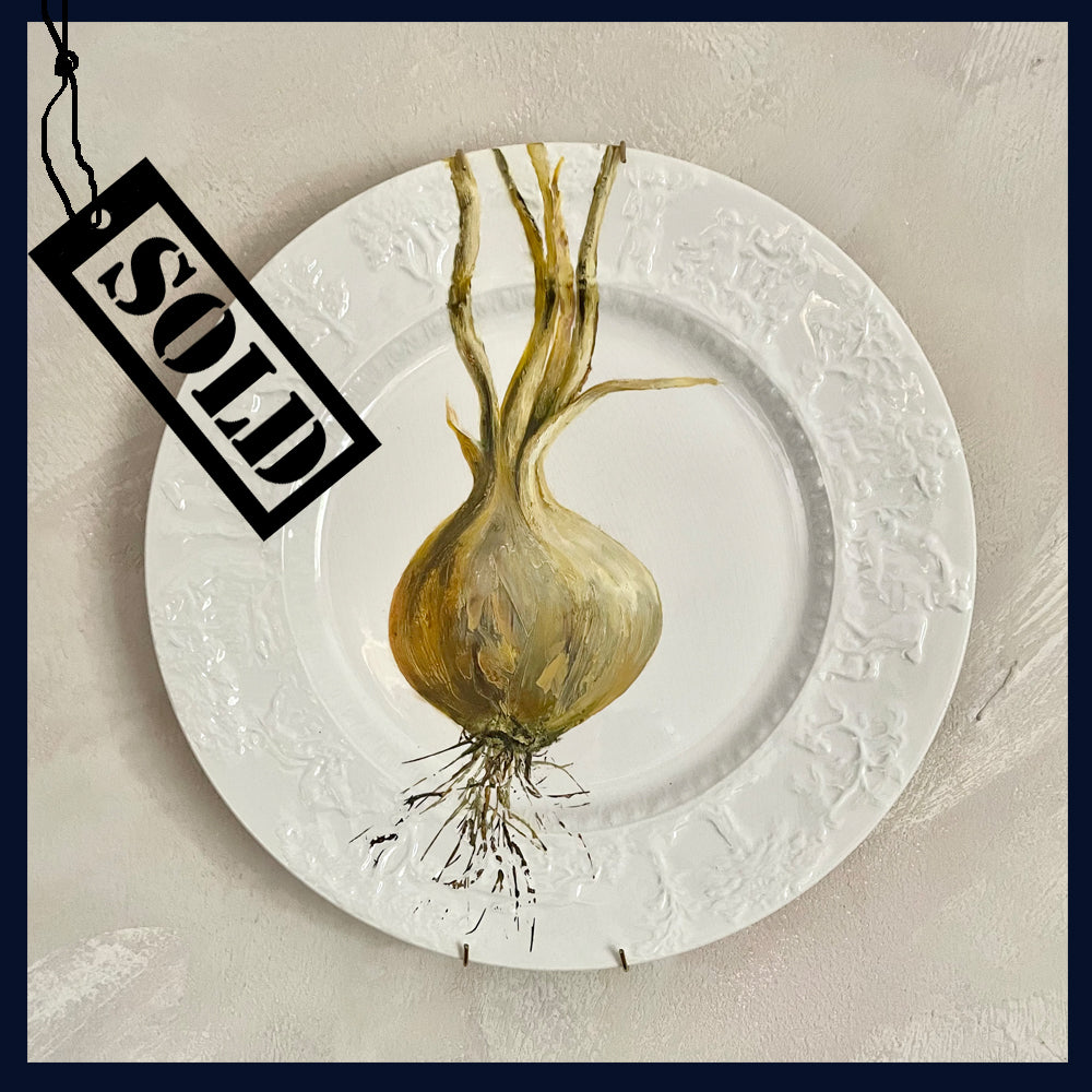 SOLD - Plated: original fine art oil painting on a vintage plate - onion