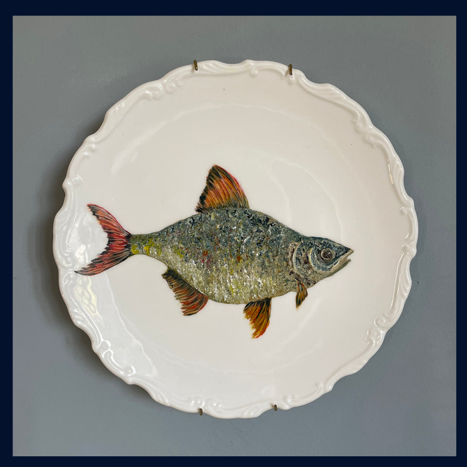 Original oil painting on vintage plate - roach fish