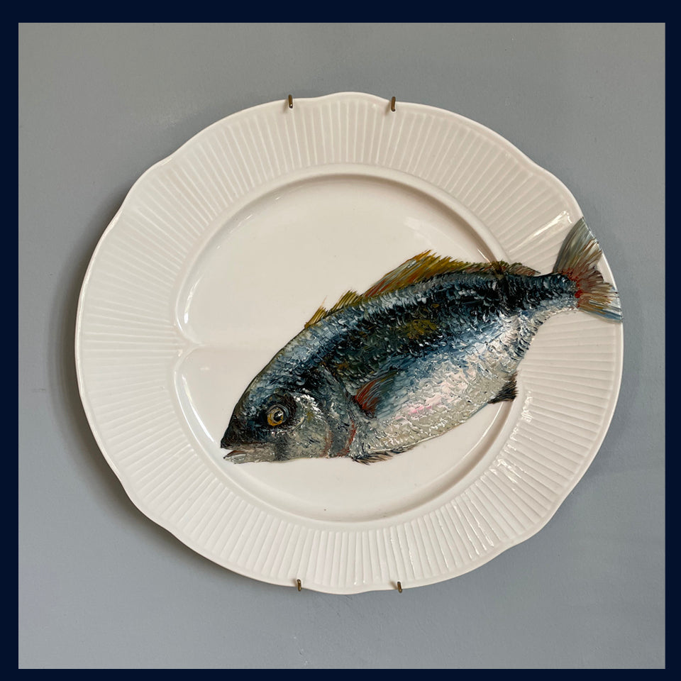 Original oil painting on old French plate - tuna fish