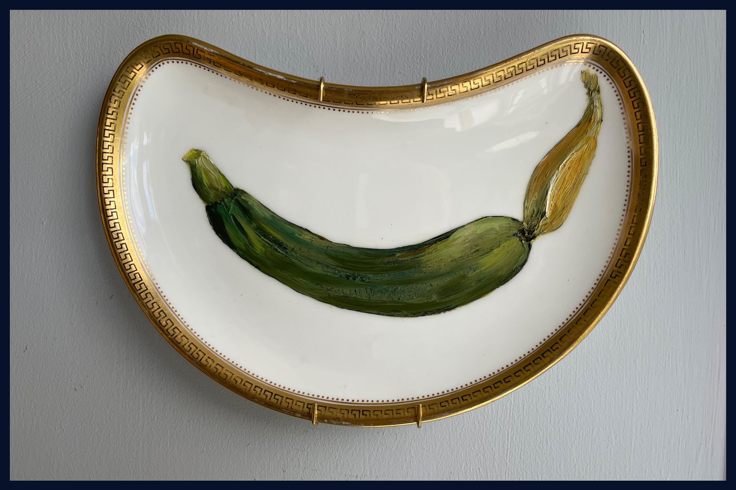 Plated: original fine art oil painting on a vintage side plate - courgette