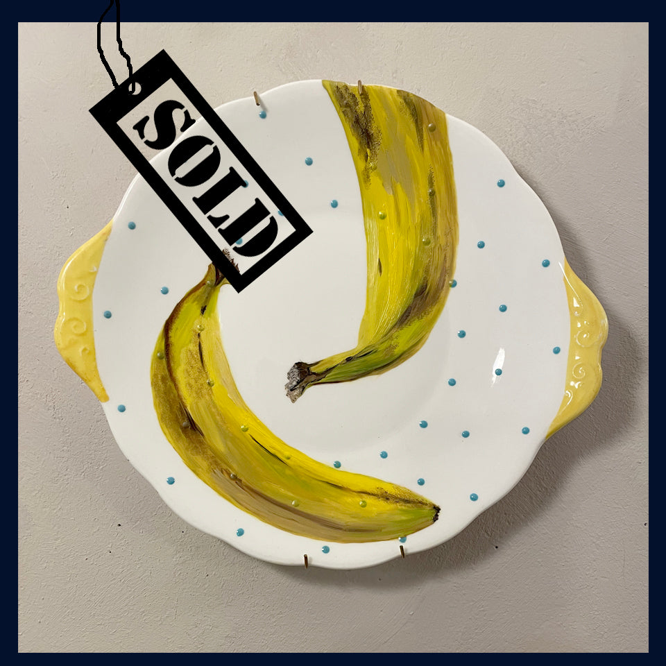 SOLD Original oil painting on a vintage cake plate - two bananas