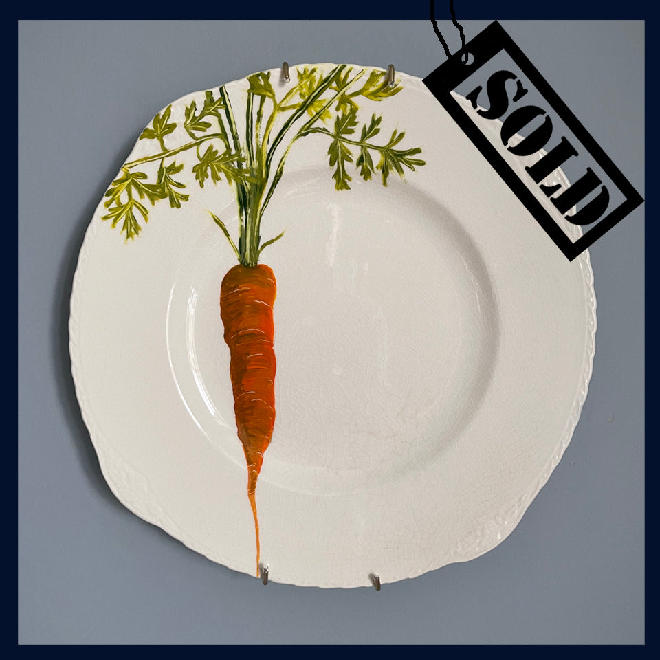 SOLD Plated: original fine art oil painting on a vintage plate - Carrot