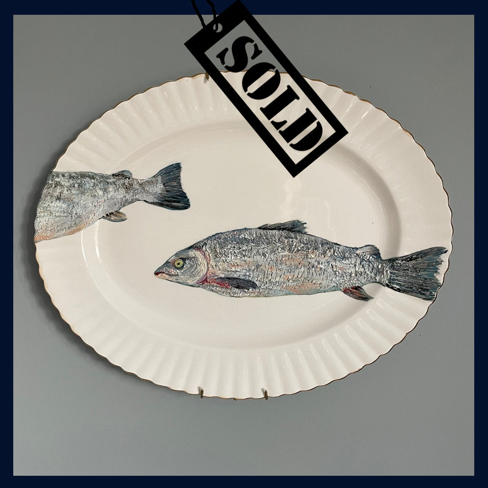 SOLD - Plated: original fine art oil painting on a vintage plate - Salmon
