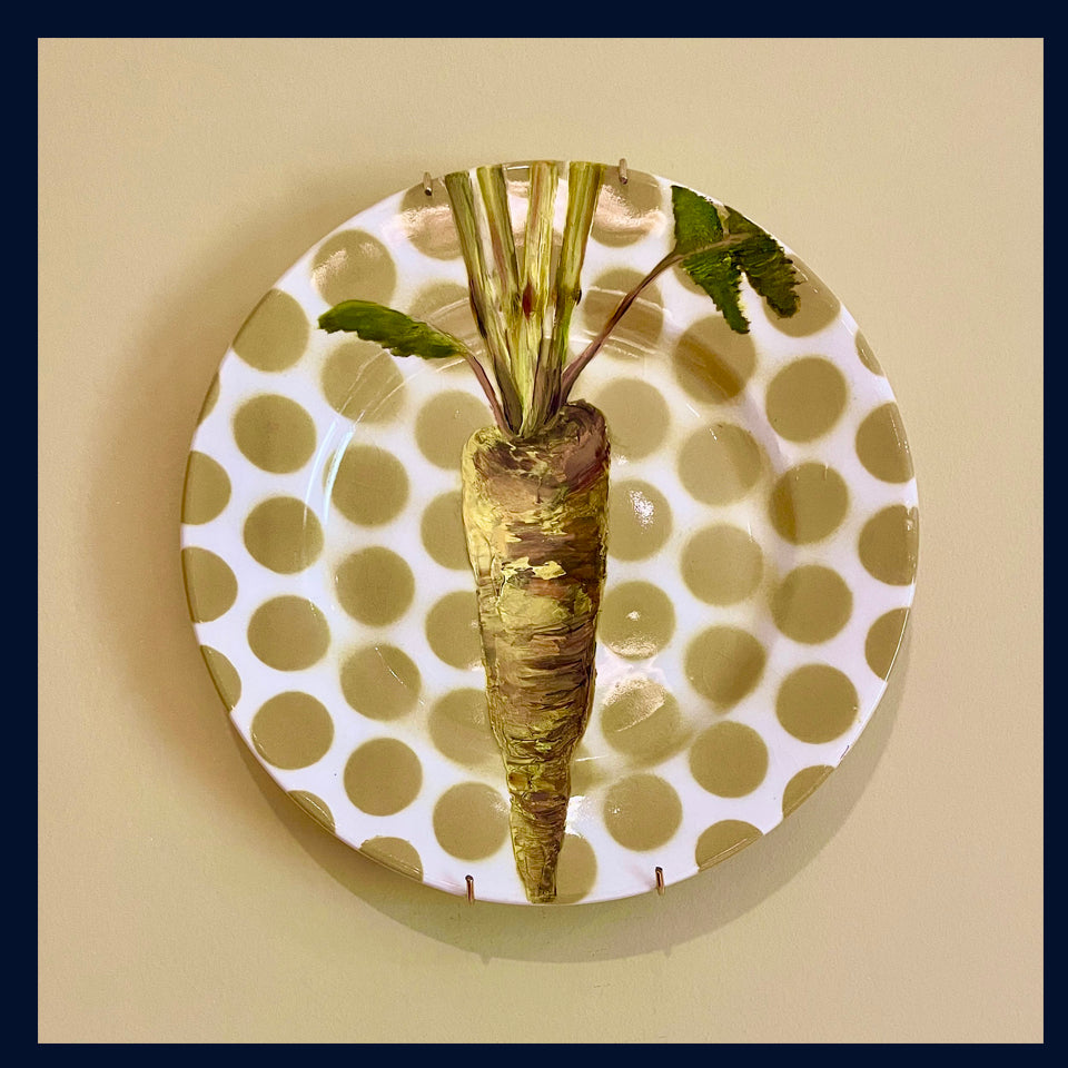 Plated: original fine art oil painting on a vintage 1960s Tams Ware tea plate - little parsnip
