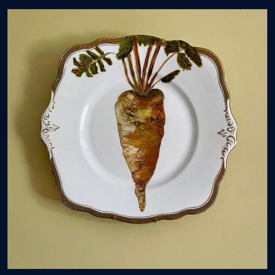 Plated: original fine art oil painting on a vintage Foley cake plate - parsnip