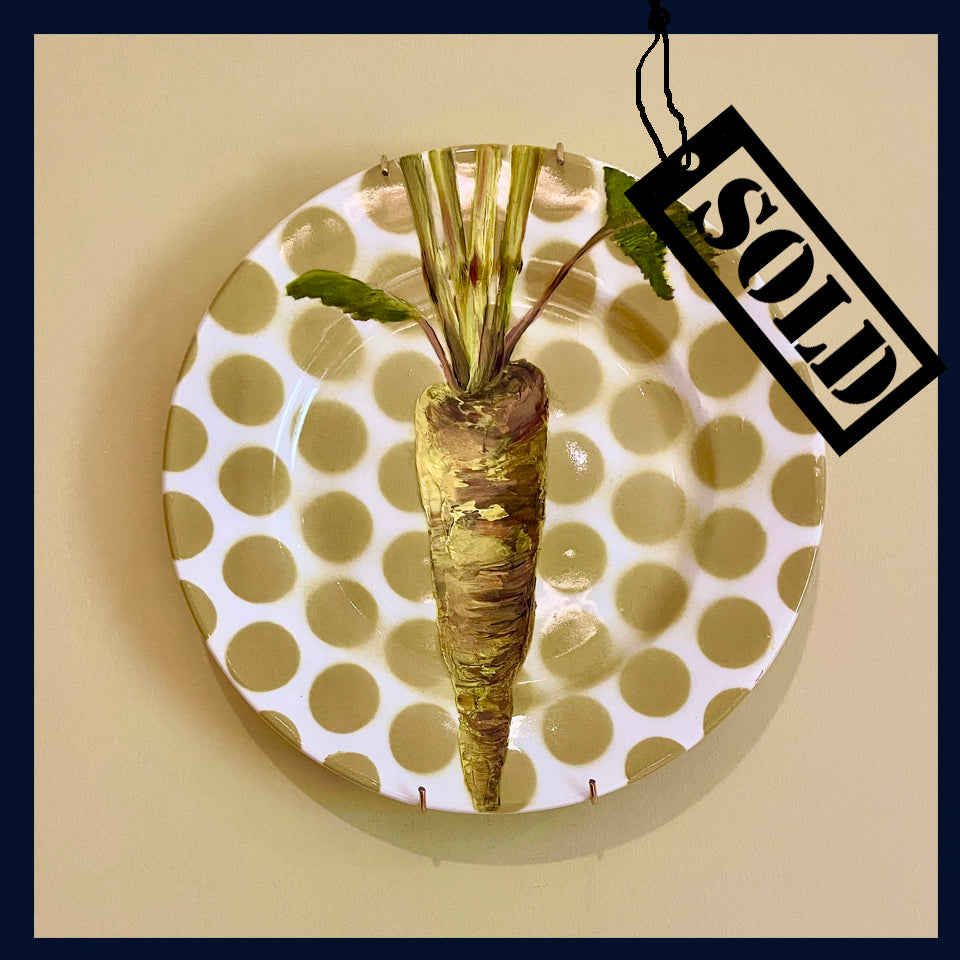 SOLD Plated: original fine art oil painting on a vintage 1960s Tams Ware tea plate - little parsnip