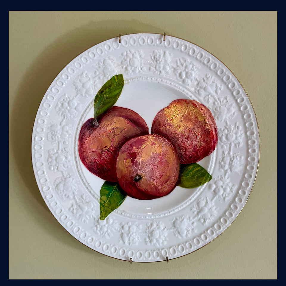 3 Peaches - original oil painting on vintage Wedgewood Wellesley salad plate