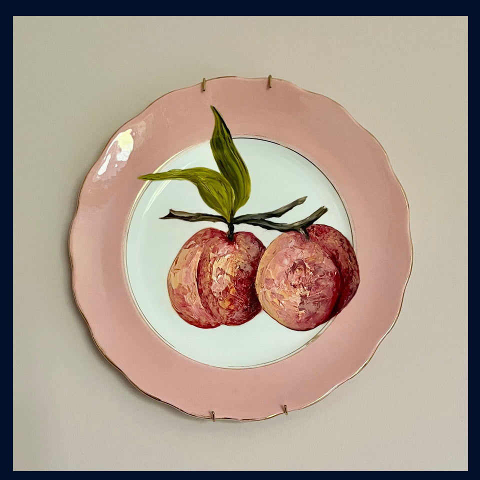 Plated: original fine art oil painting on a pink vintage Colclough salad plate - 2 peaches