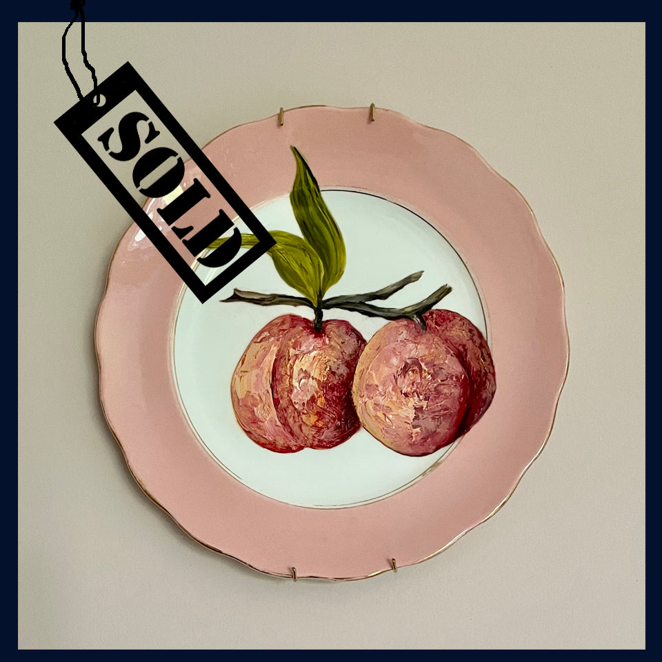 SOLD Plated: original fine art oil painting on a pink vintage Colclough salad plate - 2 peaches