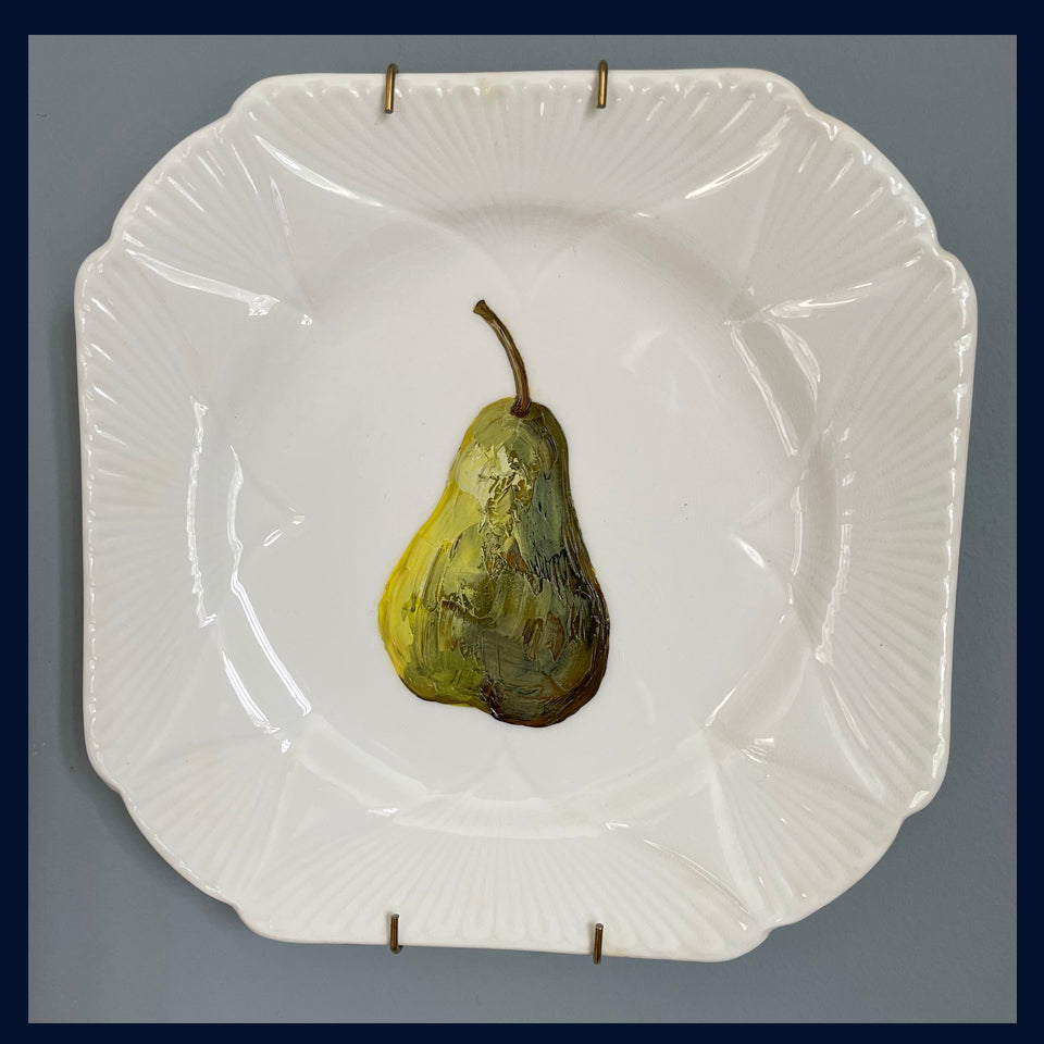 Plated: original fine art oil painting on an antique tea plate - pear