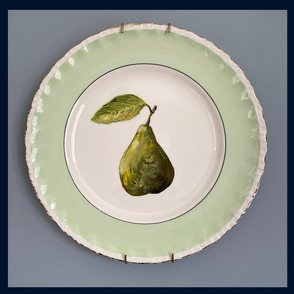 Plated: original fine art oil painting on a vintage tea plate - pear