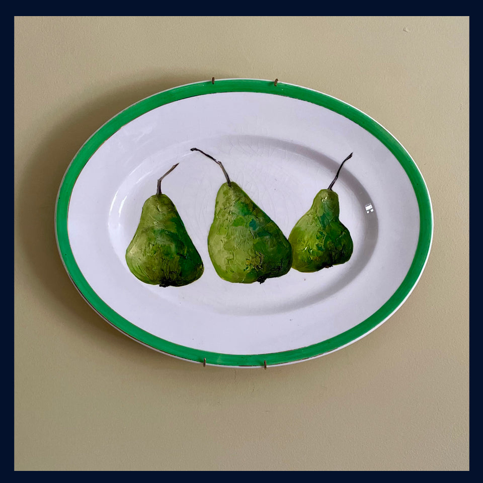 Plated: original oil painting on a vintage platter - 3 organic pears