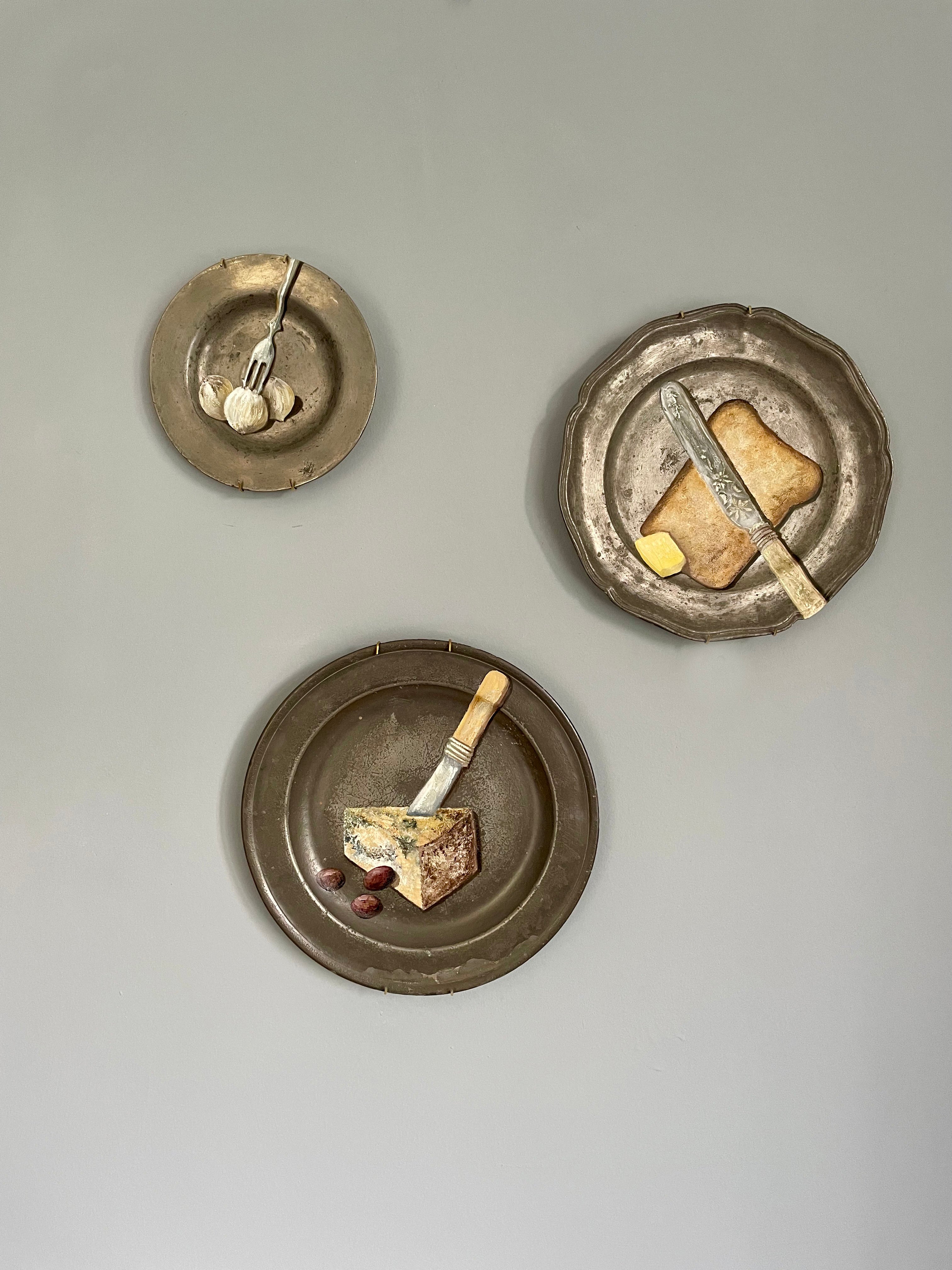 Plated: original fine art oil painting on an antique pewter plate - stilton cheese, vintage cheese knife and olives