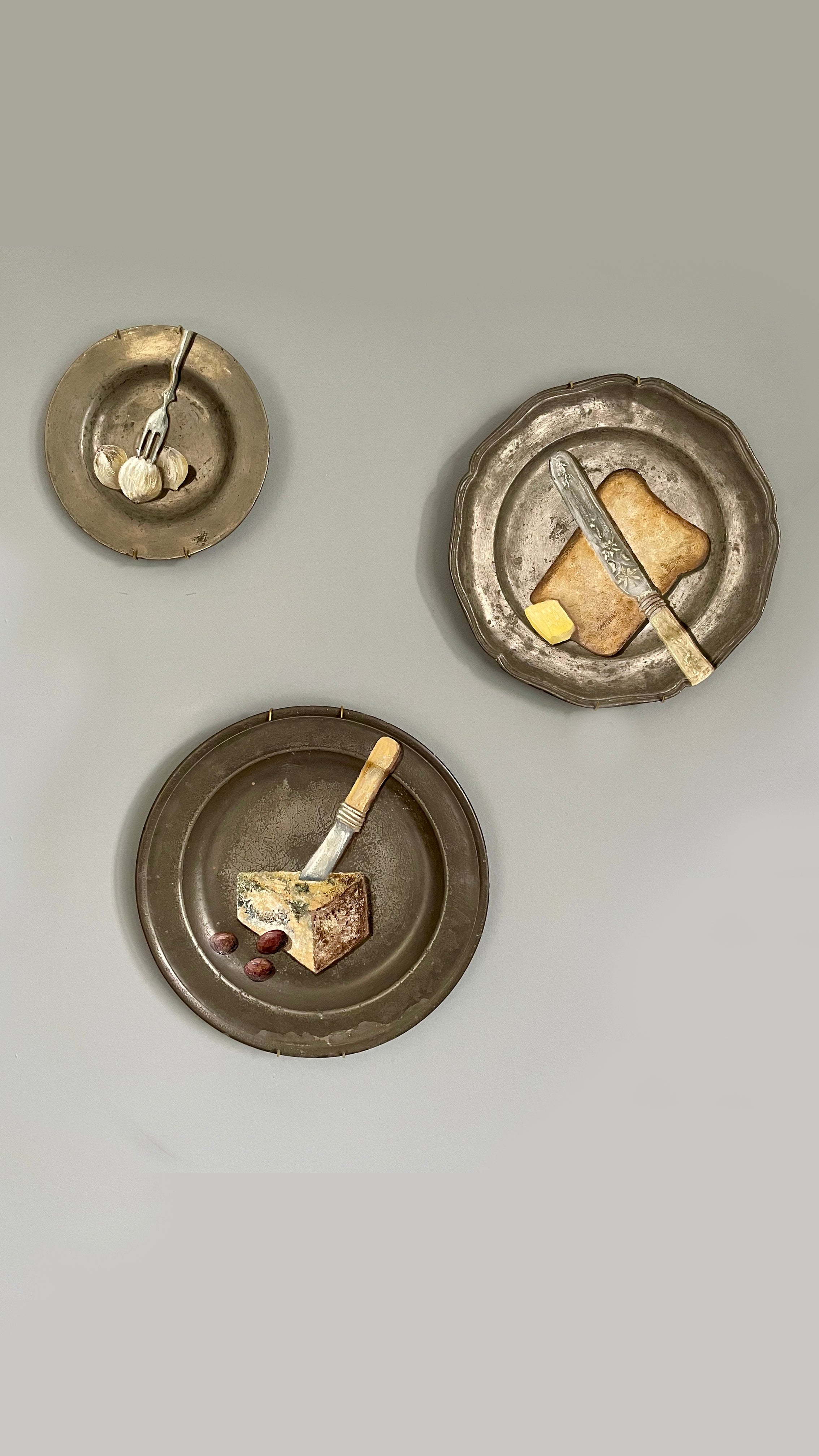 Plated: original fine art oil painting on an antique pewter plate - antique butter knife, bread & butter