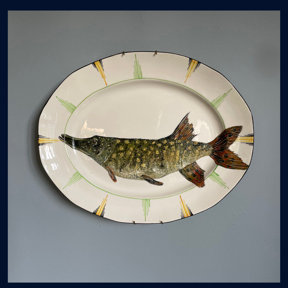 Original oil painting on a large Art Deco platter - pike fish