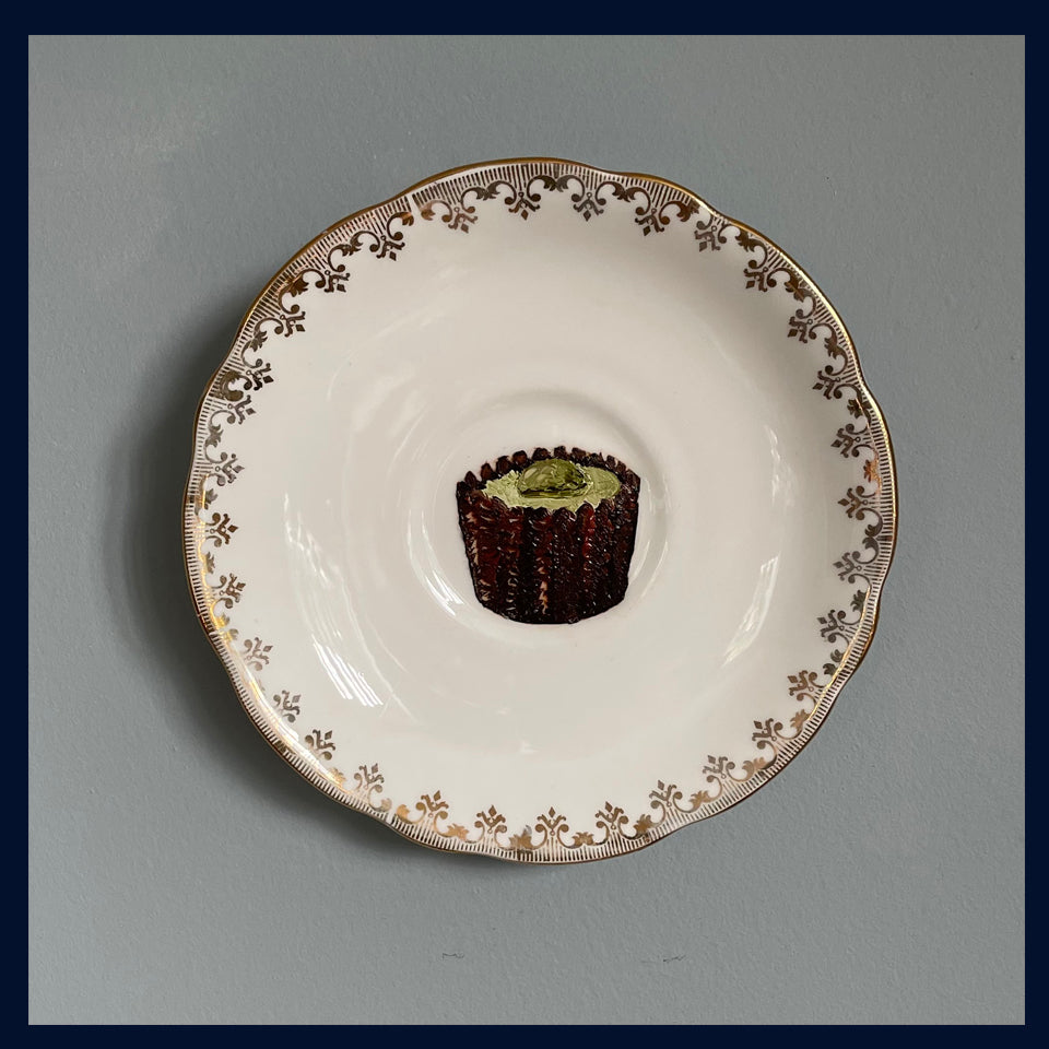 Pistachio Chocolate Original Oil Painting On Vintage Saucer