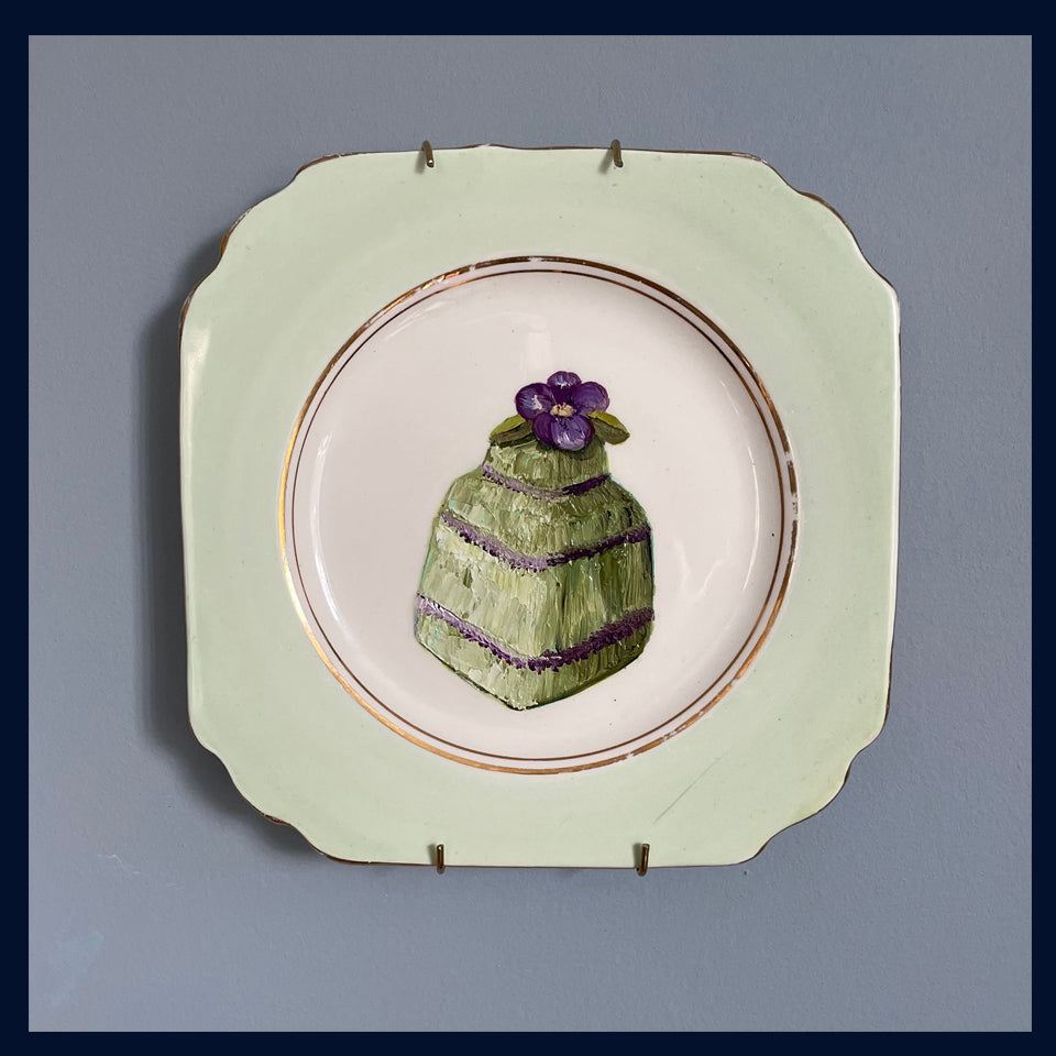 Pistachio Fondant Cake Original Oil Painting On 1920s TF & S Ltd Pale Green Tea Plate