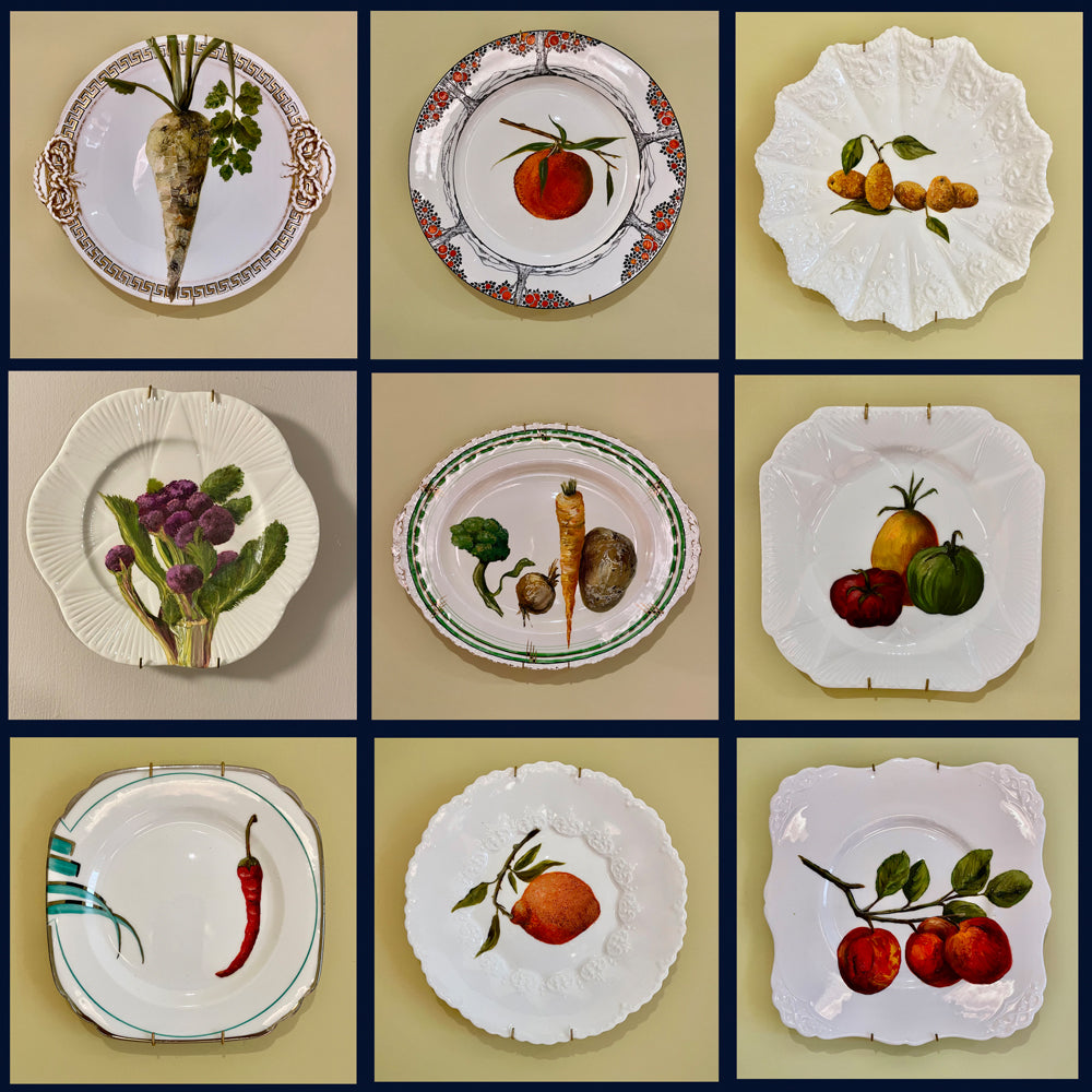 Plated: original fine art oil painting on an vintage tea plate - sloe berry spray
