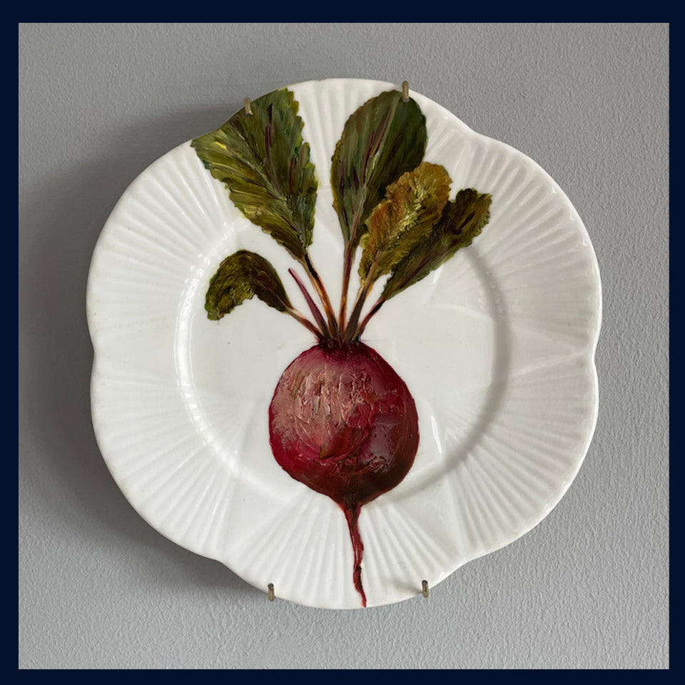 Plated: original fine art oil painting on a 1920/30s tea plate - radish