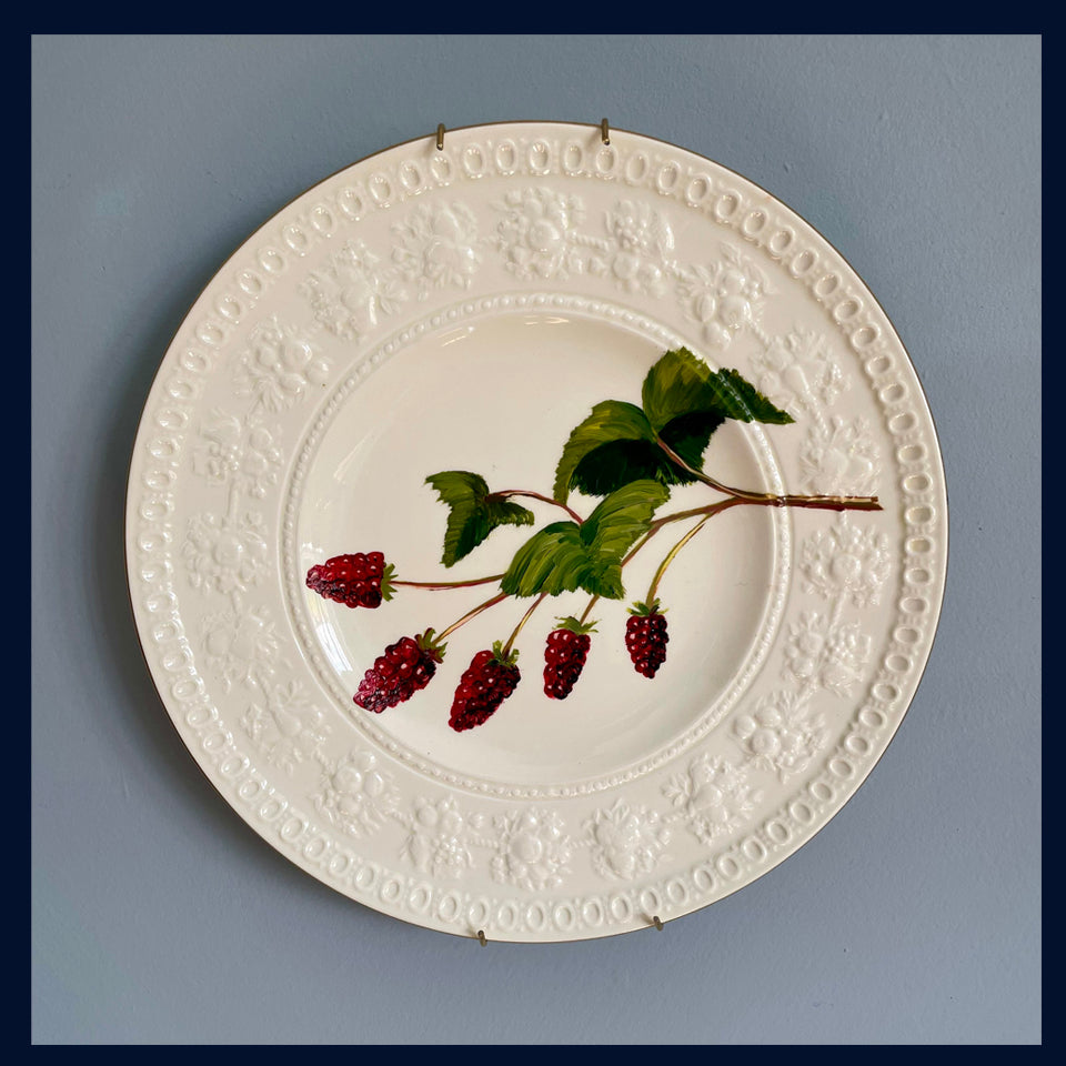 Original oil painting on vintage plate - raspberry spray