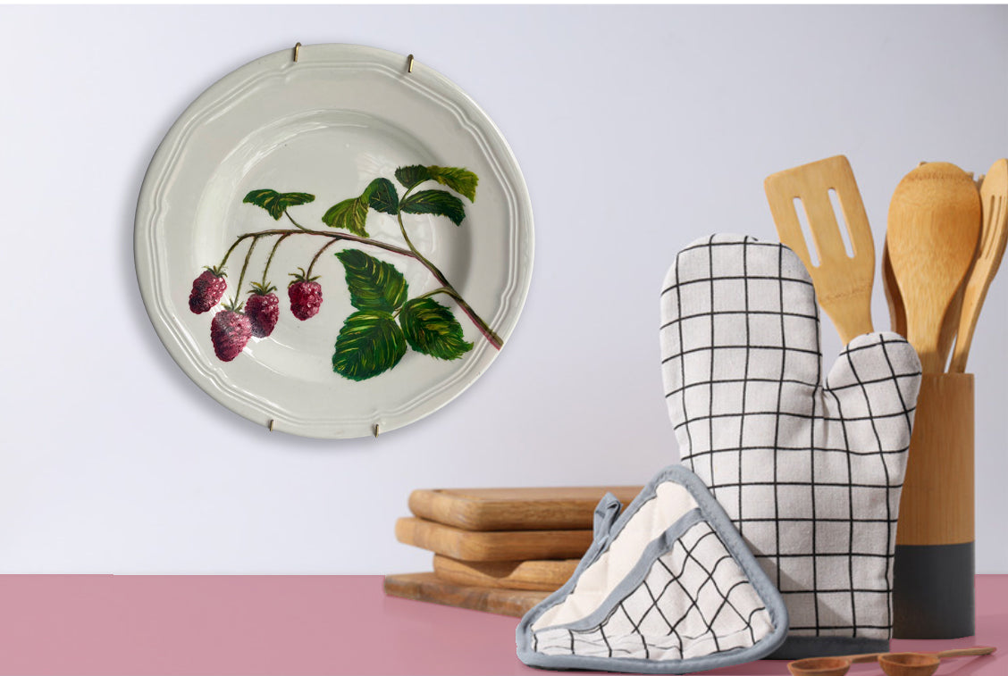 Plated: original fine art oil painting on an antique salad plate - raspberry spray