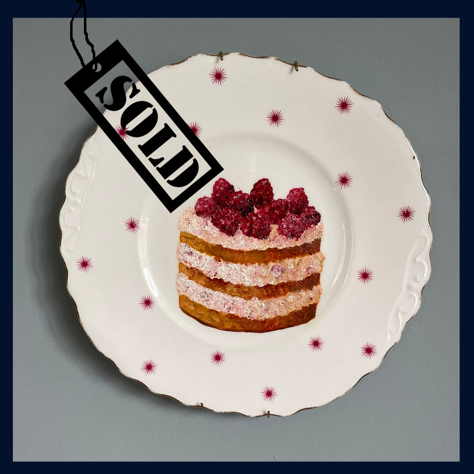 SOLD Raspberry Gateau Original Oil Painting On Vintage China Cake Plate