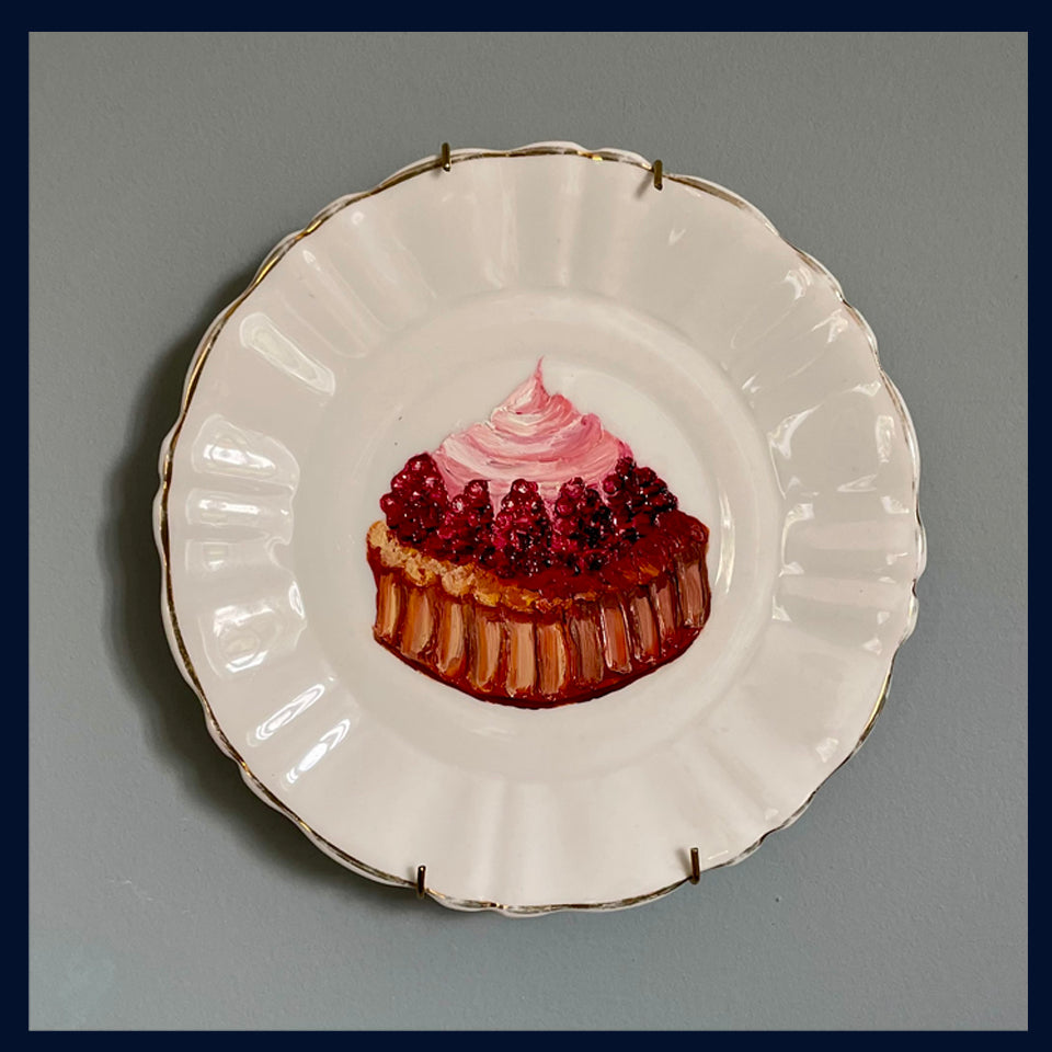 Raspberry Tart Cake Original Oil Painting On Vintage Royal Tara China Tea Plate